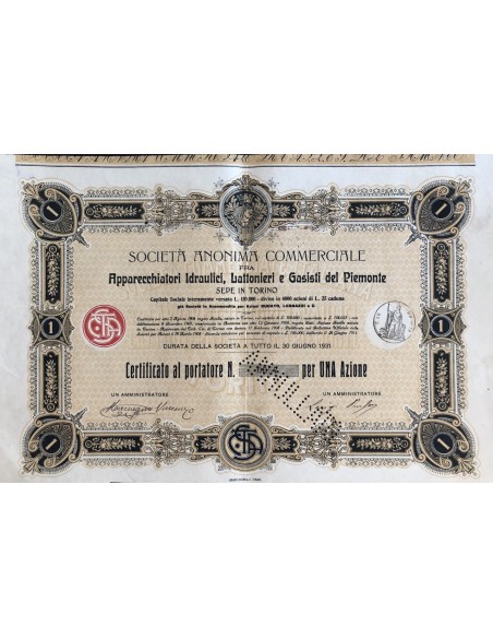 1906 - SOC.ANON. APPARECCHI IDRAULICI ...1 AZIONE TORINO