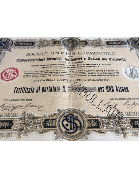 1906 - SOC.ANON. APPARECCHI IDRAULICI ...1 AZIONE TORINO