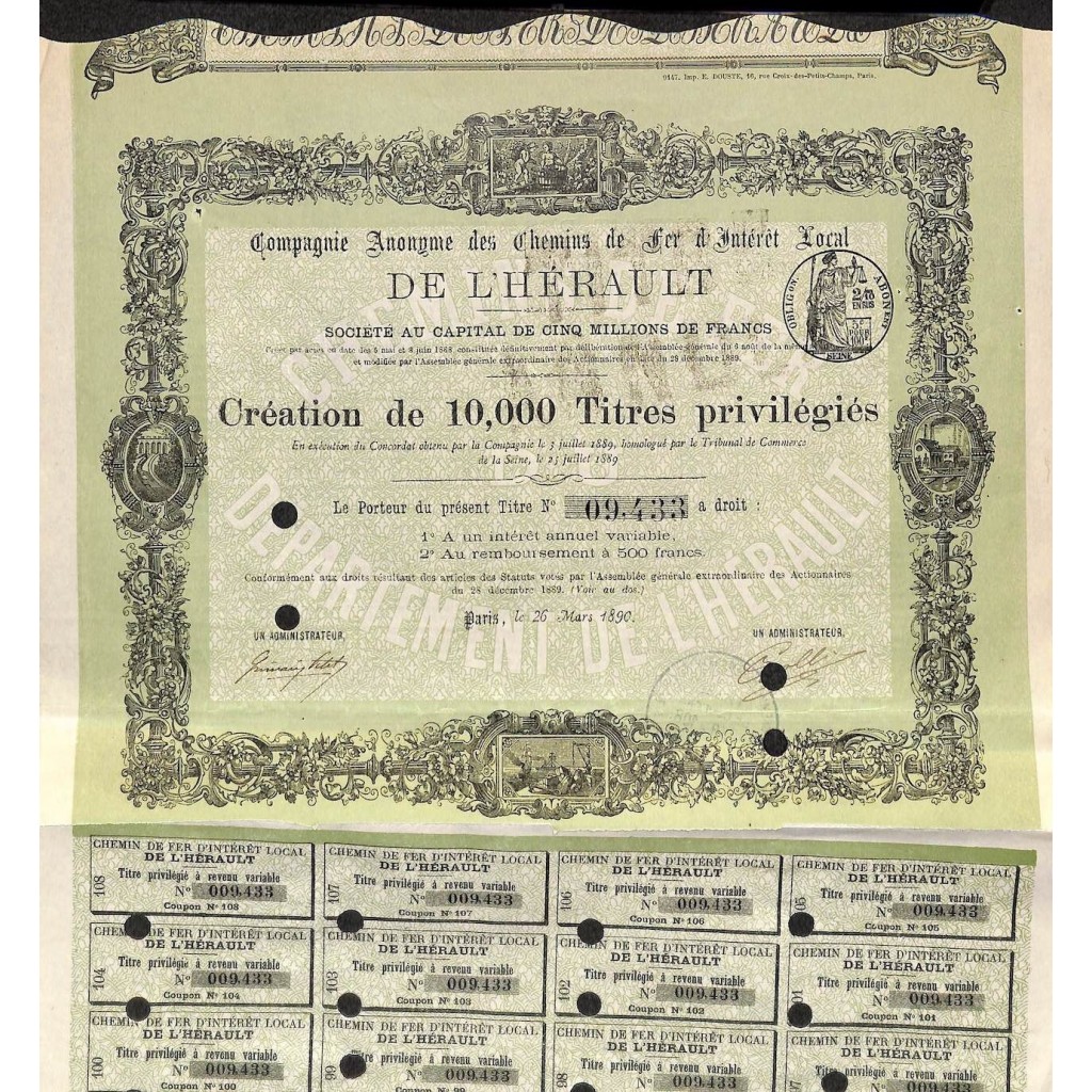 1890 - DE L'HERAULT COMP. ANON. DES CHEMINS DE...