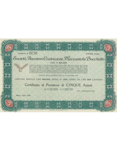 SOC. ANON. COSTRUZIONI MECCANICHE BACCHETTO - 5 AZIONI MILANO 1928