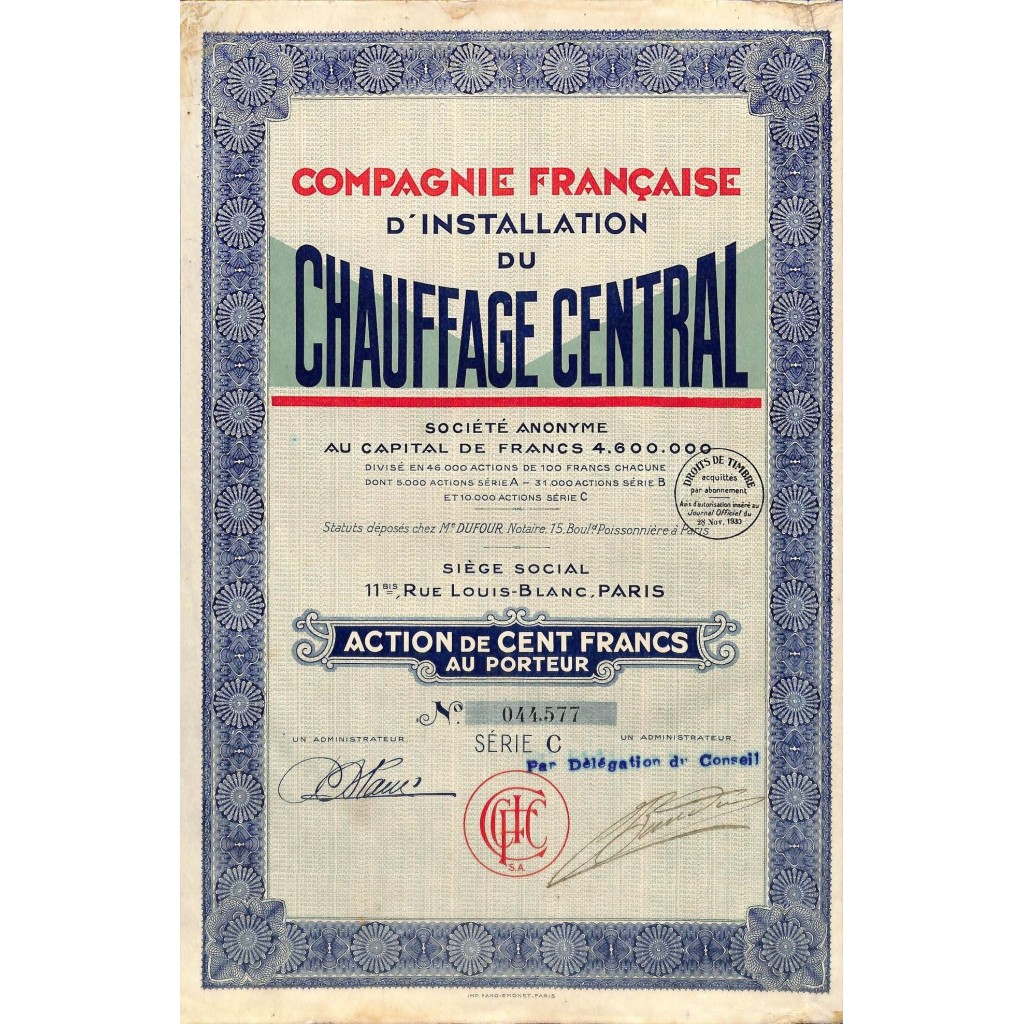 1930 - CHAUFFAGE CENTRAL COMP. FRANC. D'INSTALLATION DU