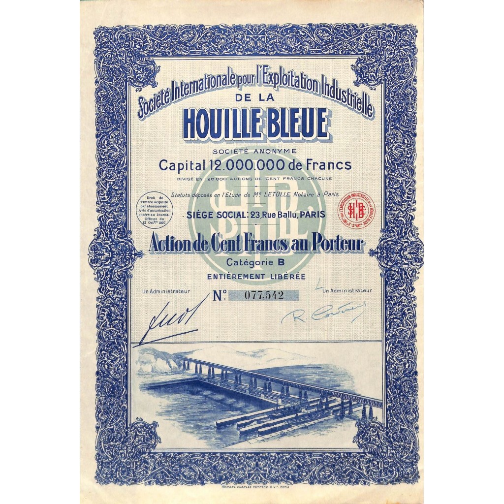 1927 - HOUILLE BLEUE SOC. INTERNAZ. POUR L'EXPLOITATION INDUSTRIELLE