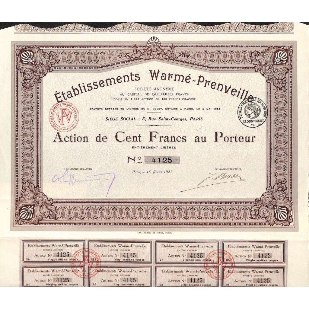 1921 - ETABLISSEMENTS WARMÉ-PRENVEILLE