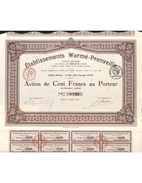1921 - ETABLISSEMENTS WARMÉ-PRENVEILLE