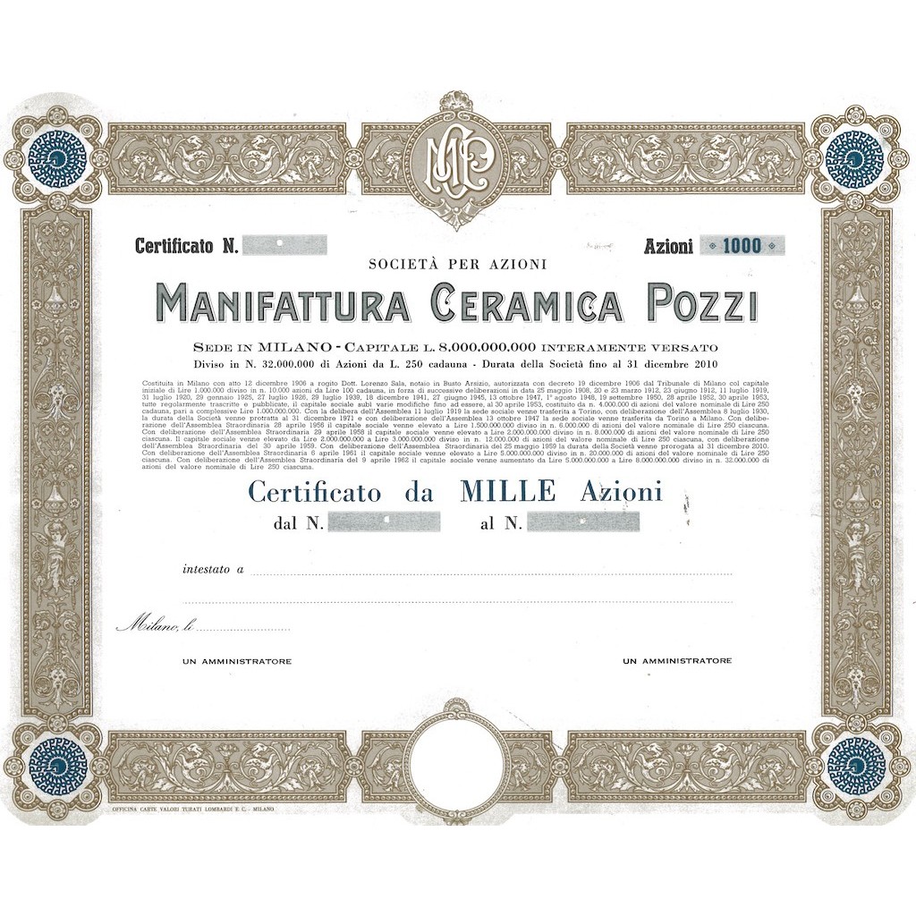 MANIFATTURA CERAMICA POZZI - 1000 AZIONI MILANO 1906