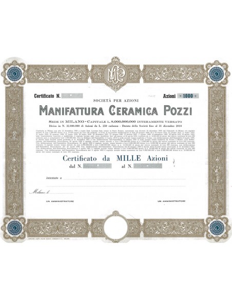 MANIFATTURA CERAMICA POZZI - 1000 AZIONI MILANO 1906