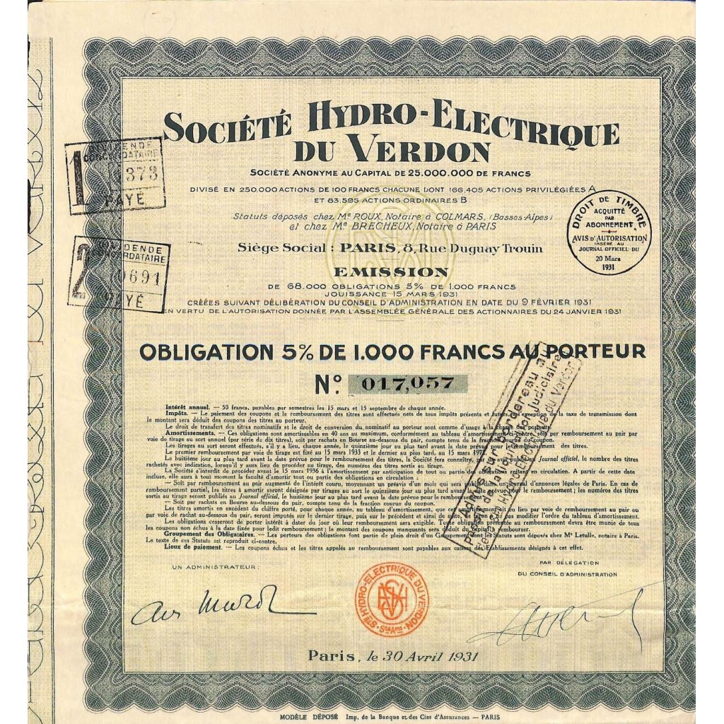 1931 - HYDRO-ELECTRIQUE DU VERDON SOC.