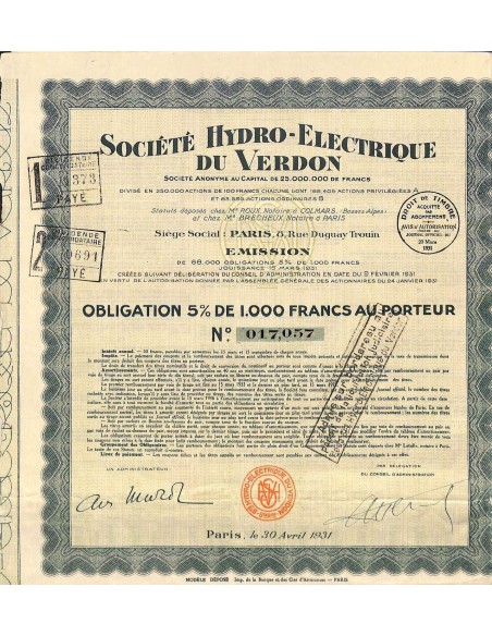 1931 - HYDRO-ELECTRIQUE DU VERDON SOC.