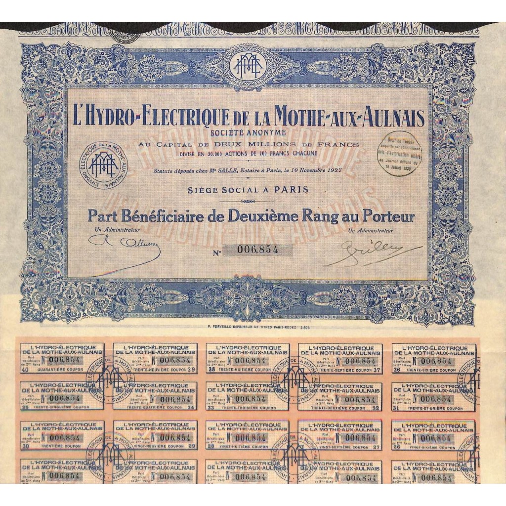 1930 - L'HYDRO-ELECTRIQUE DE LA MOTHE-AUX-AULNAIS