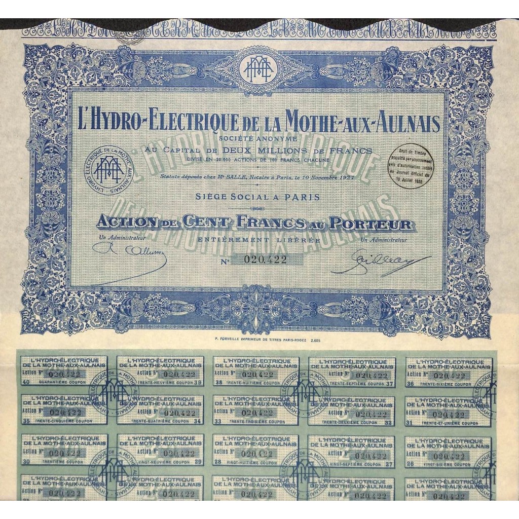 1928 - L'HYDRO-ELECTRIQUE DE LA MOTHE-AUX-AULNAIS