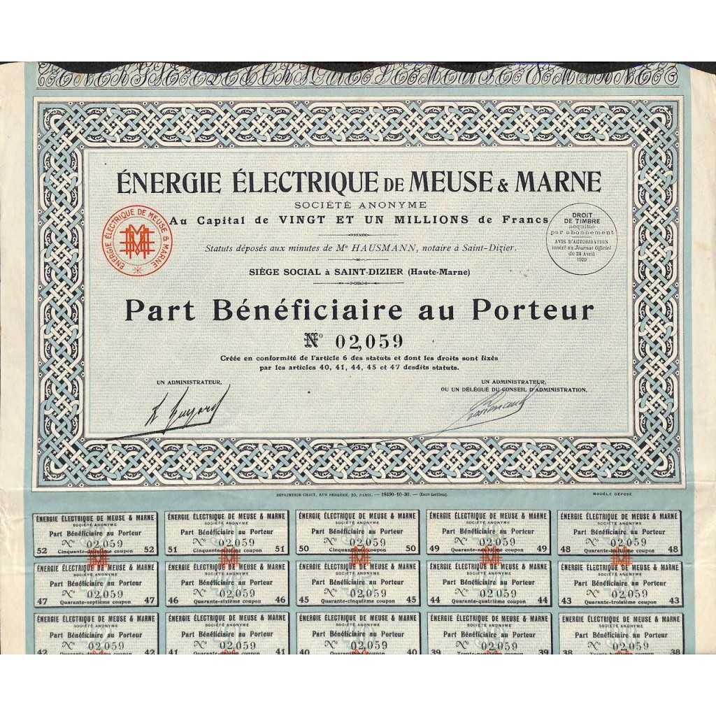 1929 - ENERGIE ELECTRIQUE DE MEUSE ET MARNE