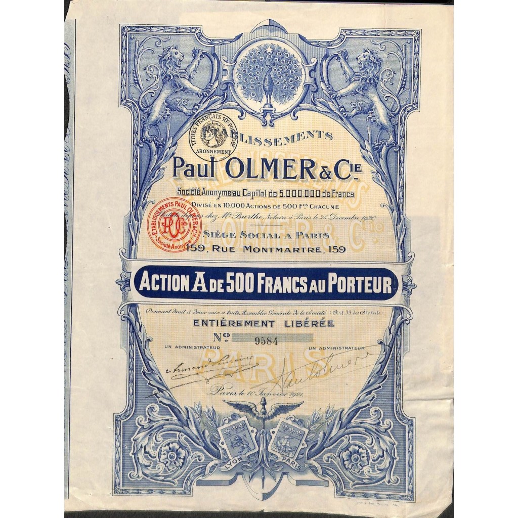 1921 - PAUL OLMER ET C. IE ETABLISSEMENTS