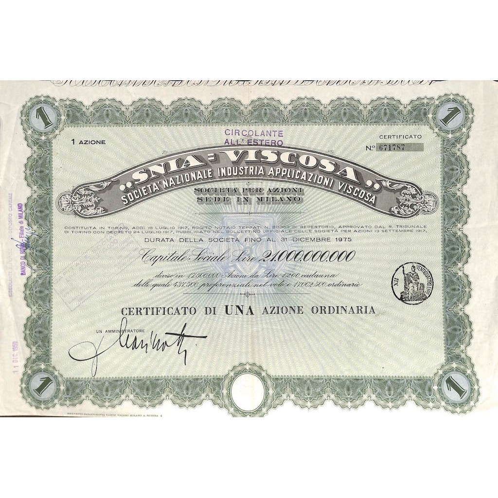 SNIA VISCOSA - 1 AZIONE - TORINO 1917