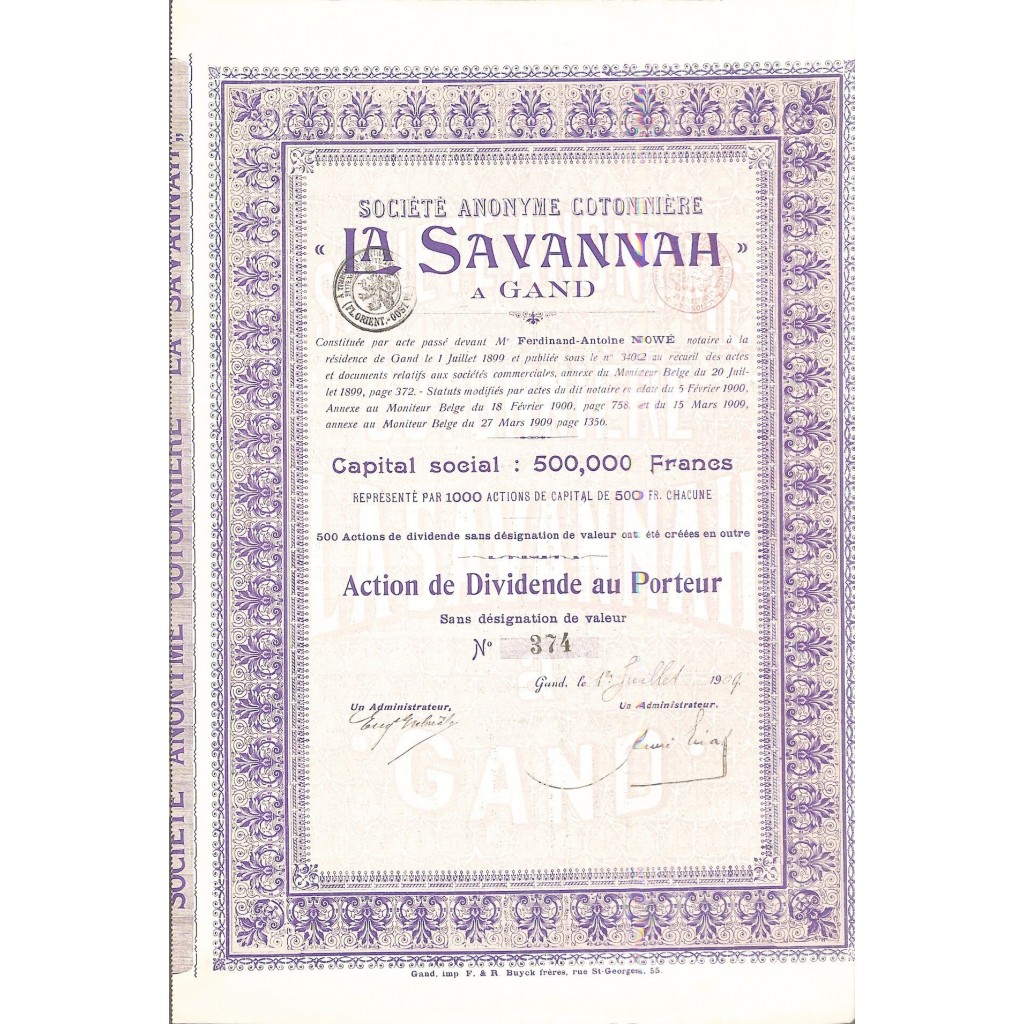 1909 - LA SAVANNAH A GAND SOC. ANON. COTONNIERE