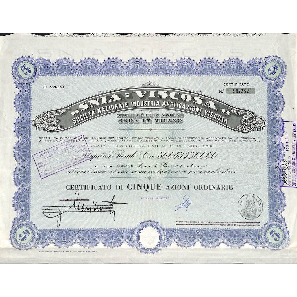 SNIA VISCOSA - 5 AZIONI - TORINO 1917
