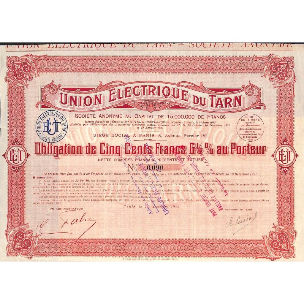 1922 - UNION ELECTRIQUE DU TARN