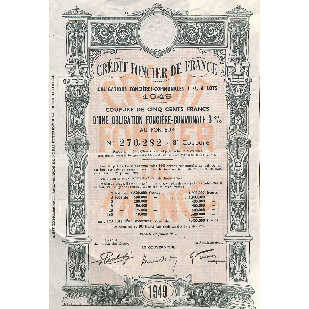 1949 - CREDIT FONCIERE DE FRANCE