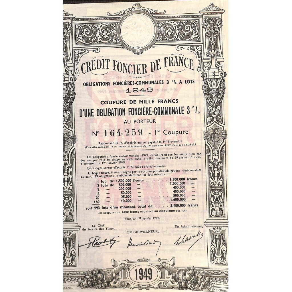 1949 - CREDIT FONCIER DE FRANCE (1000 FRANCHI)