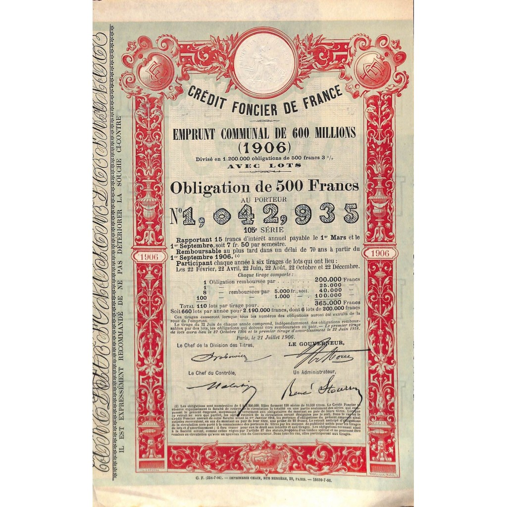 1906 - CREDIT FONCIER DE FRANCE (PRESTITO COM. DI 600 MIL.)