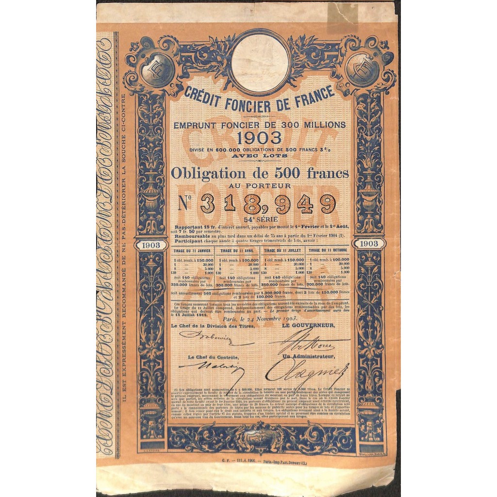 1903 - CREDIT FONCIER DE FRANCE (PRESTITO DI 300 MIL.)