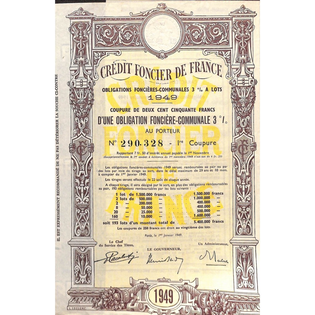 1949 - CREDIT FONCIER DE FRANCE (250 FRANCHI)