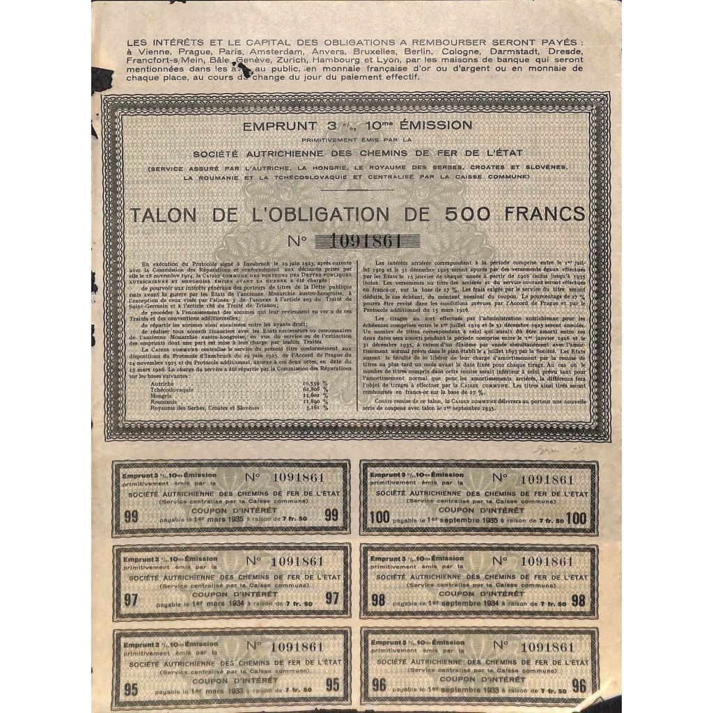 1935 - AUTRICHIENNE DES CHEMINS DE FER DE L'ETAT SOC.