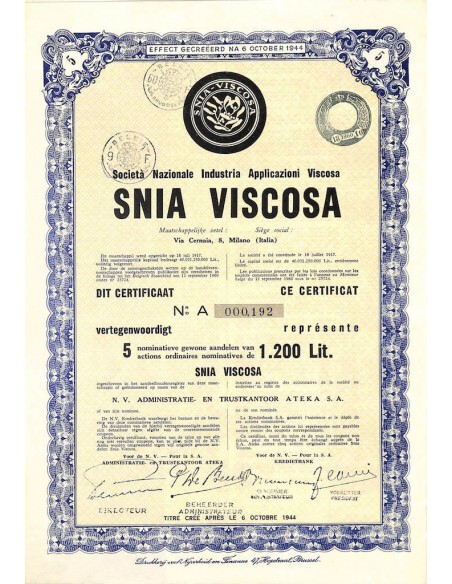 SOC. NAZ. INDUSTRIA APPLICAZIONI SNIA VISCOSA - 5 AZIONI MILANO 1944