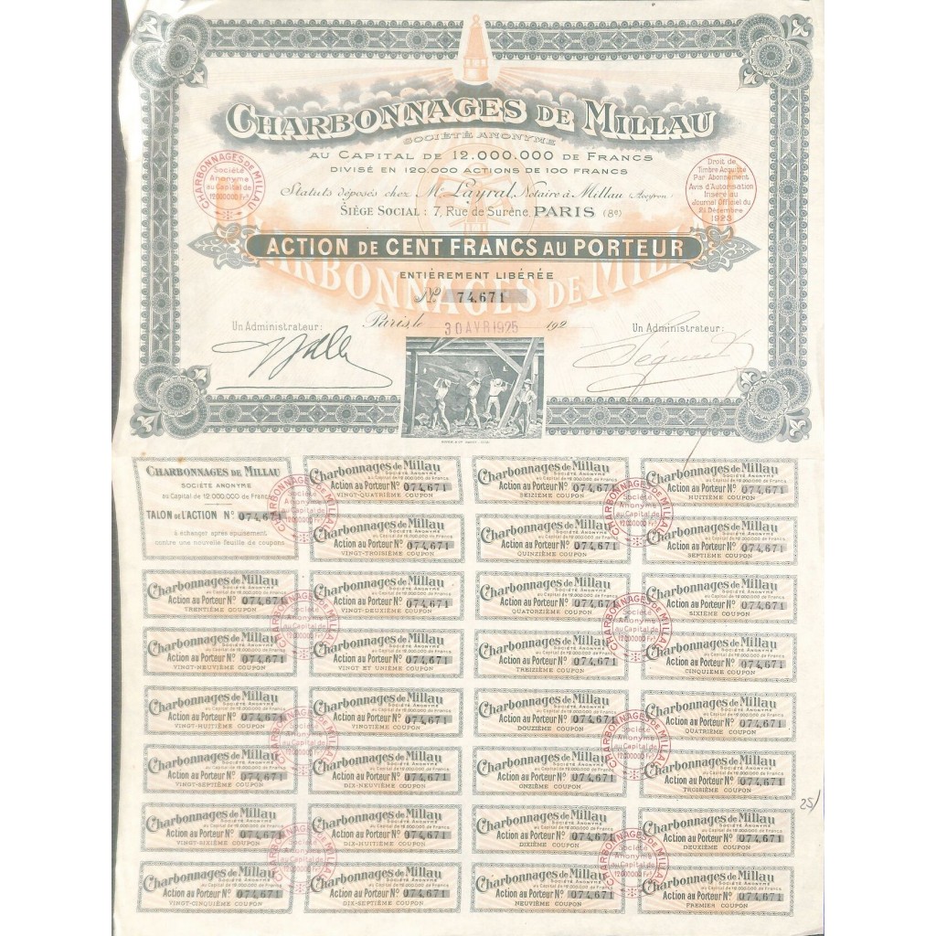 1925 - CHARBONNAGES DE MILLAU (CAP. SOC....