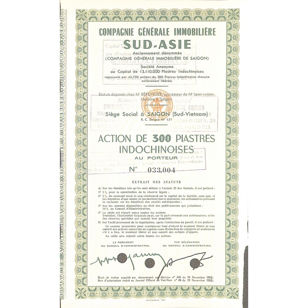 1952 - SUD-ASIE COMPAGNIE GENERALE IMMOBILIERE