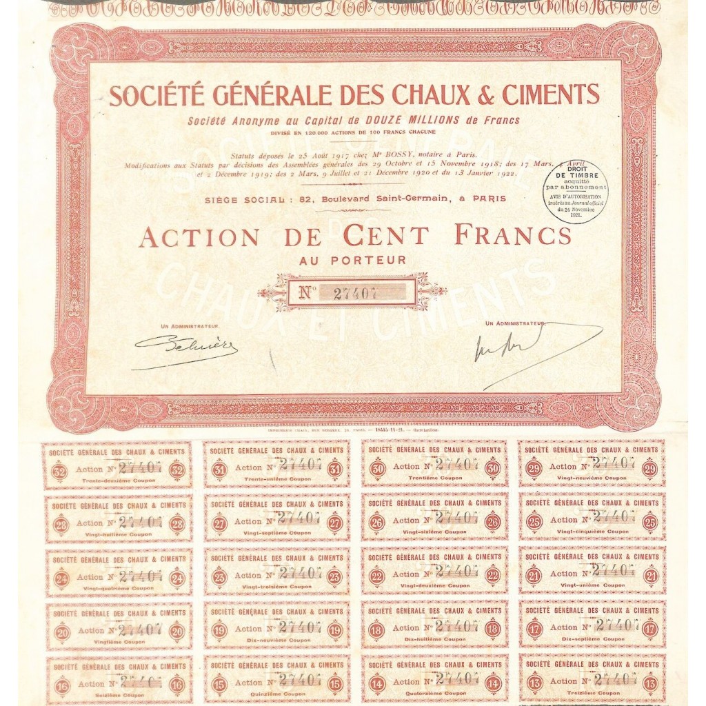 1922 - GENERALE DES CHAUX ET CIMENTS SOC. (CAP....