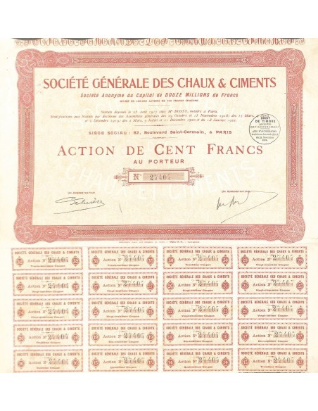 1922 - GENERALE DES CHAUX ET CIMENTS SOC. (CAP. SOC. 12.000.000 DI FR.)