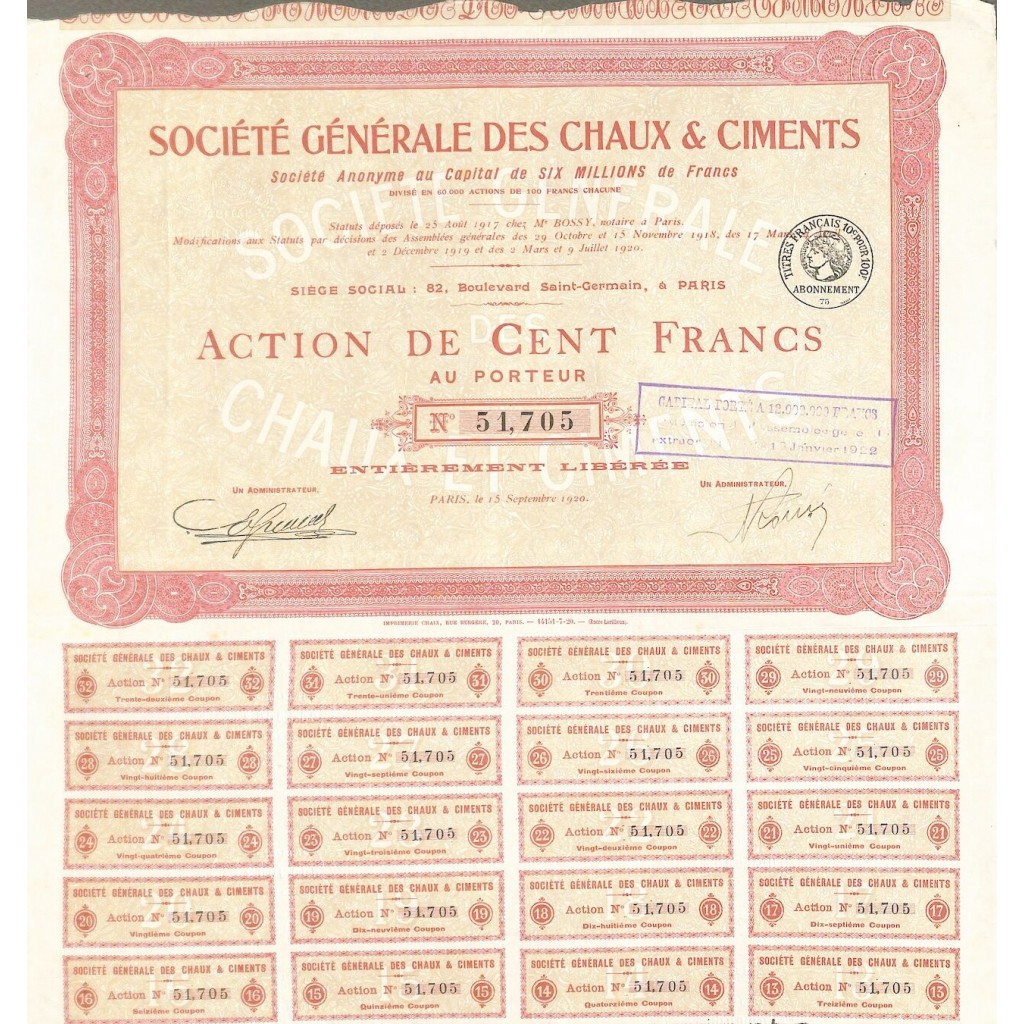 1920 - GENERALE DES CHAUX ET CIMENTS SOC. (CAP. SOC. 6.000.000 DI FR.)