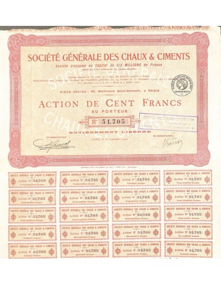 1920 - GENERALE DES CHAUX ET CIMENTS SOC. (CAP. SOC. 6.000.000 DI FR.)