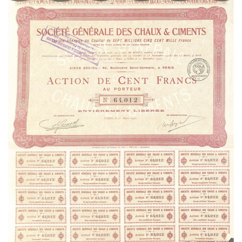 1921 - GENERALE DES CHAUX ET CIMENTS SOC. (CAP. SOC. 7.500.000 FR.)