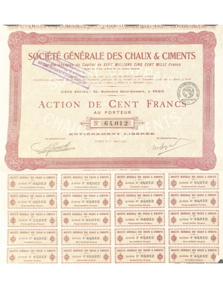 1921 - GENERALE DES CHAUX ET CIMENTS SOC. (CAP. SOC. 7.500.000 FR.)