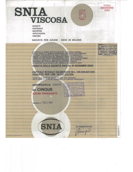 SOC. NAZ. INDUSTRIA APPLICAZIONI SNIA VISCOSA - 5 AZIONE MILANO 1980