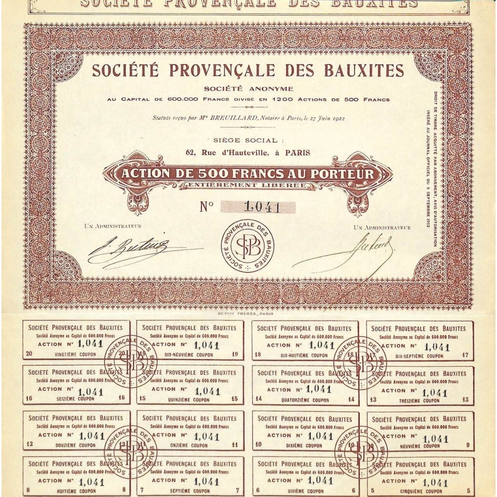 1922 - PROVENCALE DES BAUXITES SOC.