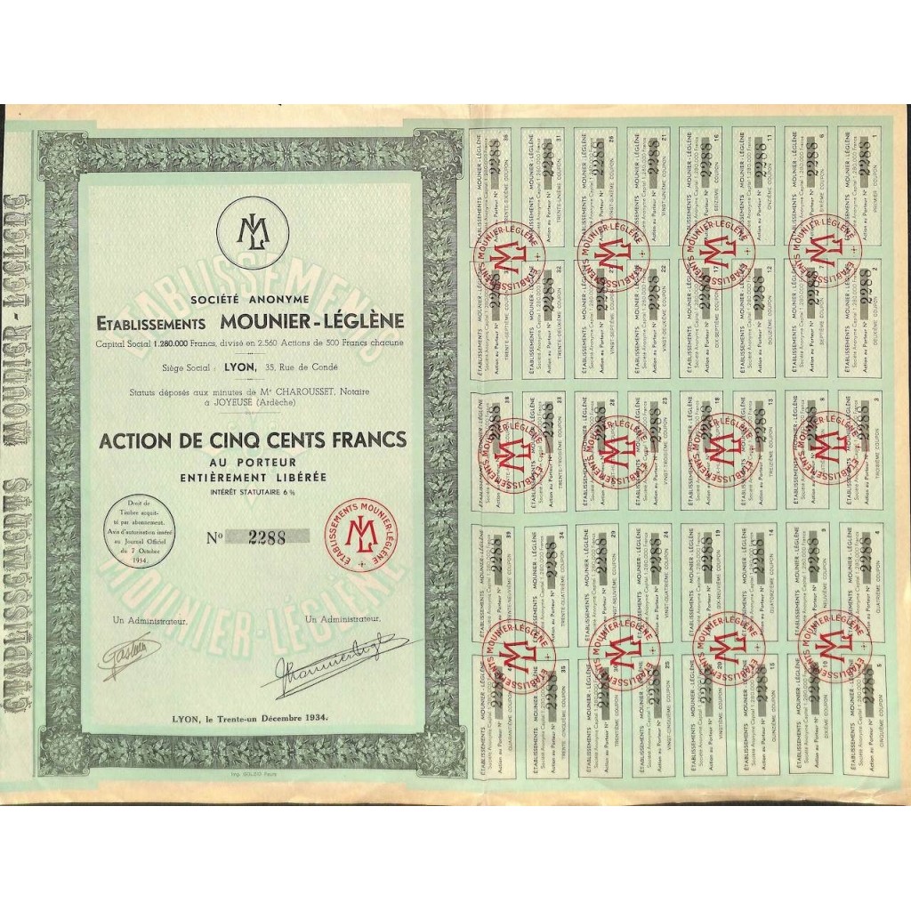 1934 - MOUNIER-LEGLENE ETABLISSEMENTS