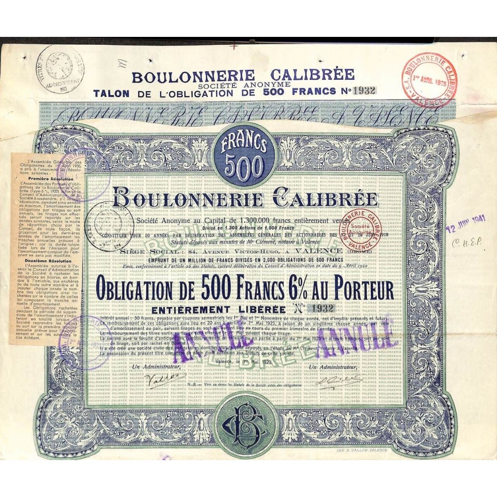 1920 - BOULONNERIE CALIBRÉE (OBBLIGAZIONE)