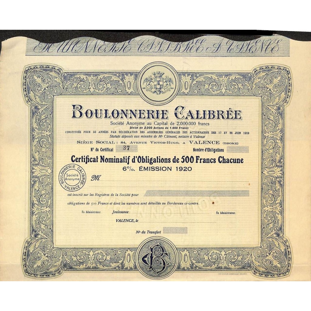 1920 - BOULONNERIE CALIBRÉE (CERTIFICATO)
