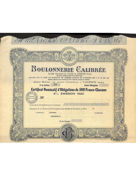 1920 - BOULONNERIE CALIBRÉE (CERTIFICATO)