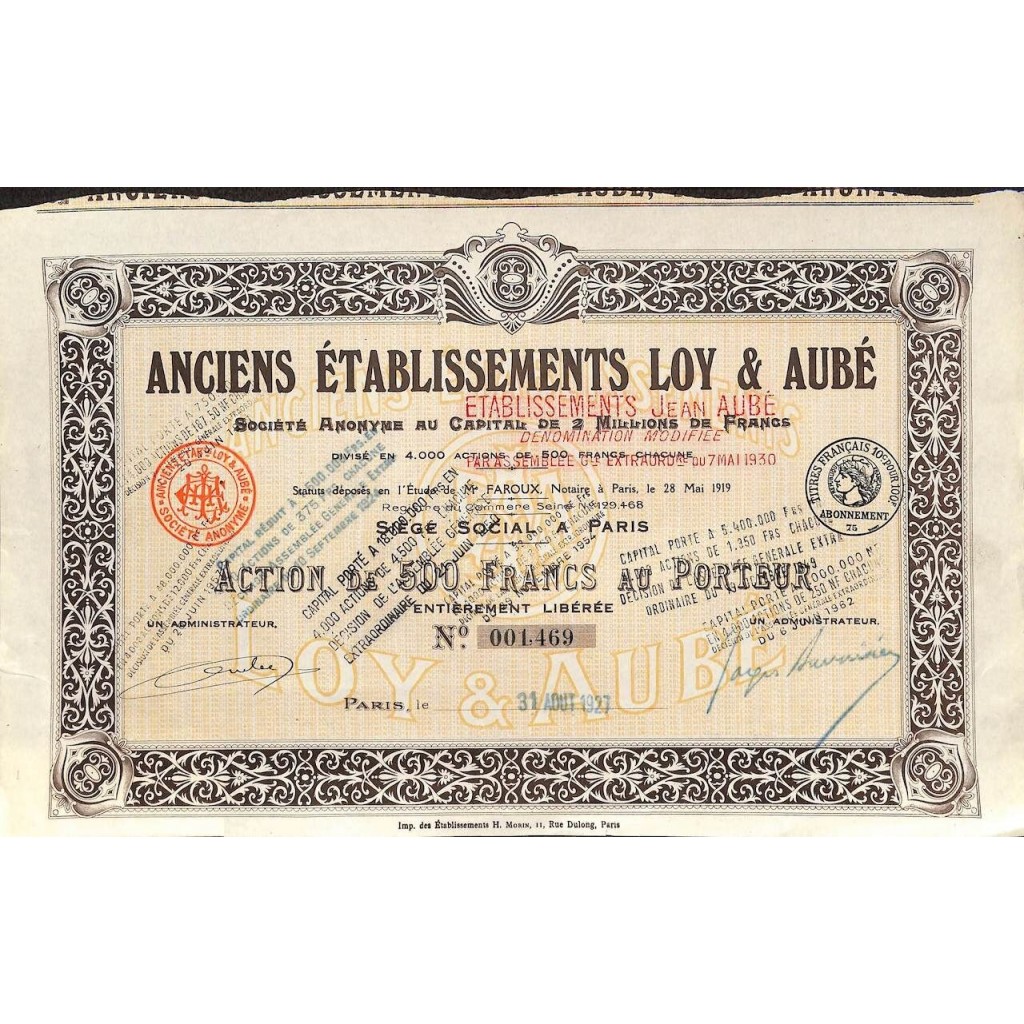 1927 - ANCIENS ETABLISSEMENTS LOY ET AUBÉ