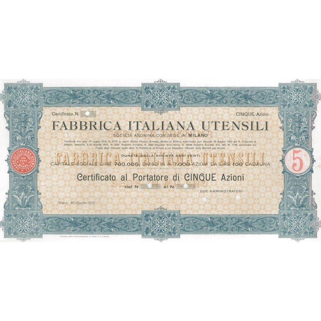FABBRICA ITALIANA UTENSILI - 5 AZIONI - MILANO 1919