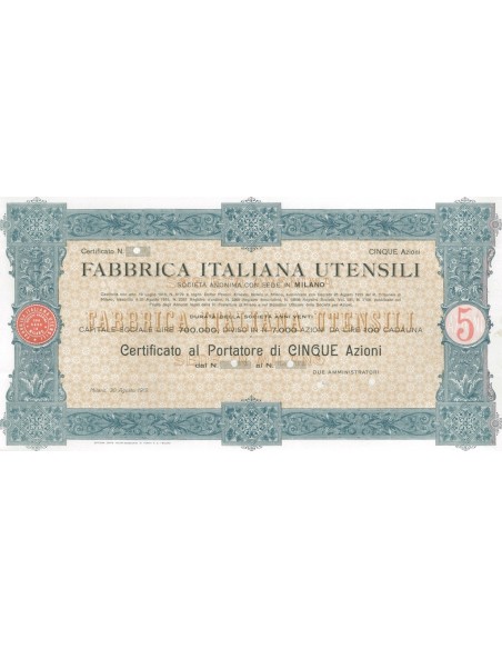 FABBRICA ITALIANA UTENSILI - 5 AZIONI - MILANO 1919