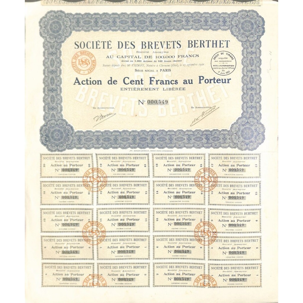1921 - BREVETS BERTHET SOC. DES