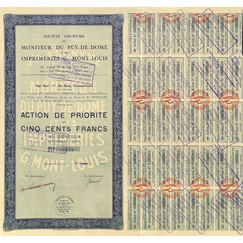 1930 - MONITEUR DU PUY-DE-DOME ET DES IMPRIMERIES G. MONT-LOUIS SOC. AN. DU