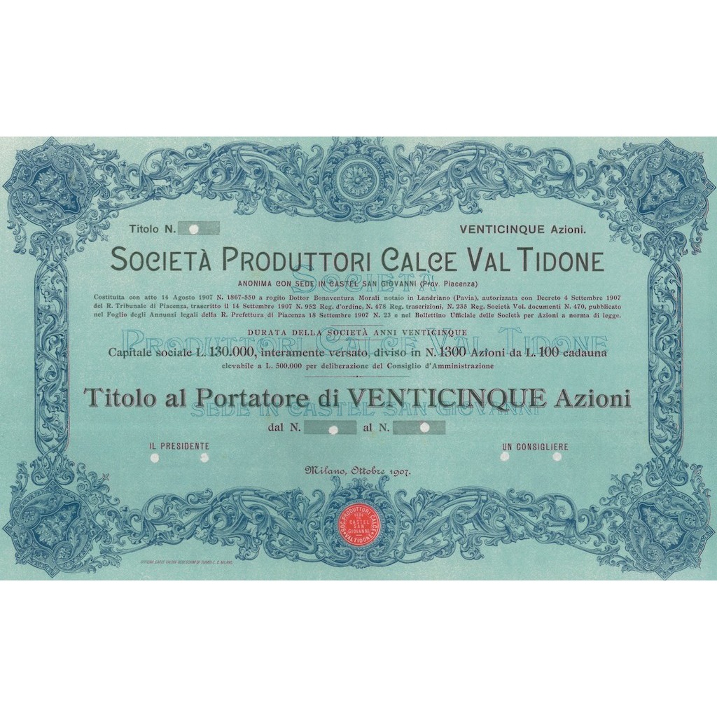 SOCIETA' PRODUTTORI CALCE VALTIDONE - 25 AZIONI MILANO 1907