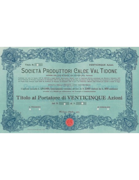 SOCIETA' PRODUTTORI CALCE VALTIDONE - 25 AZIONI MILANO 1907