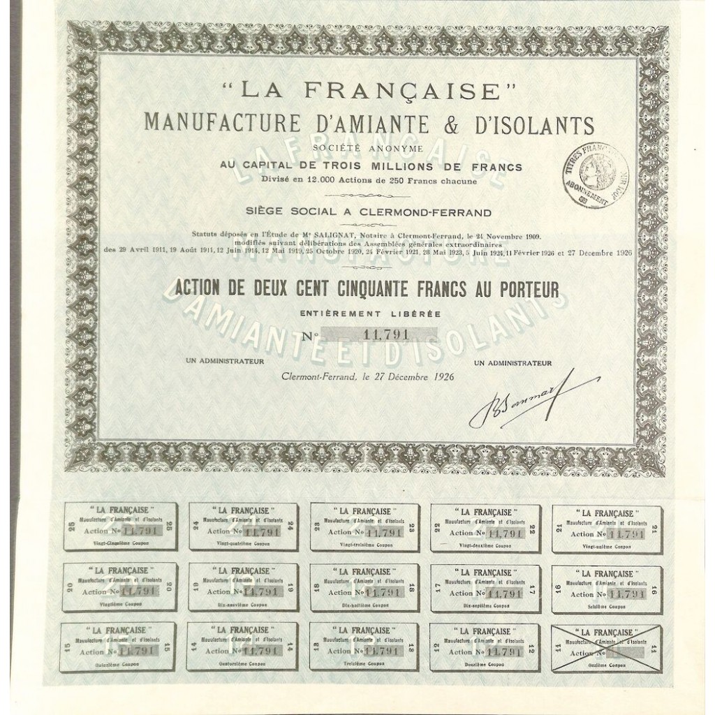 1926 - LA FRANCAISE (MANUFACTURE D'AMIANTE ET...