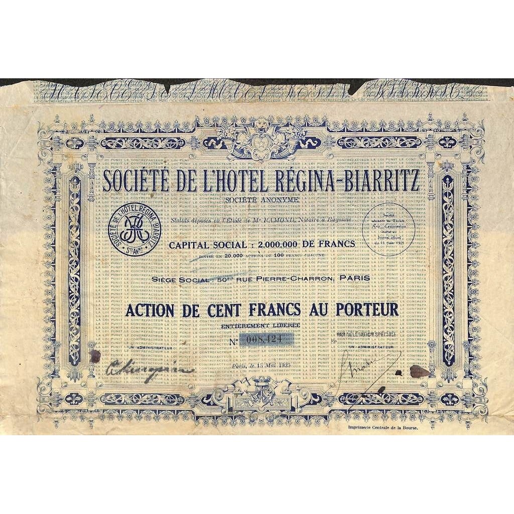 1925 - L'HOTEL REGINA-BIARRITZ SOC. DE